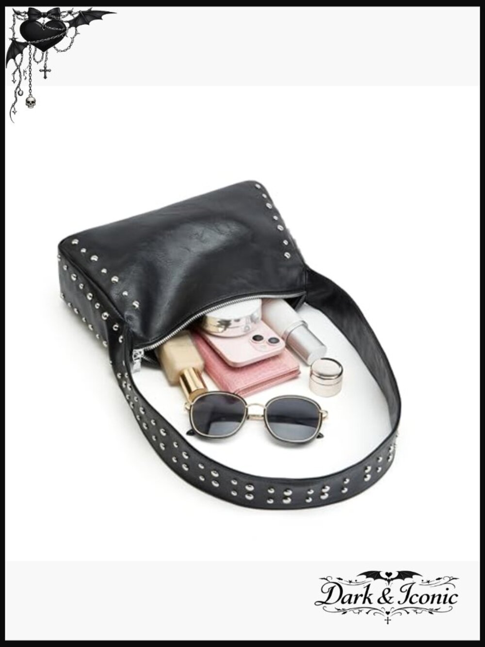 Vegan Studded Shoulder Bag with Adjustable Strap, Y2K Style Small Purse - Picture 4 of 7